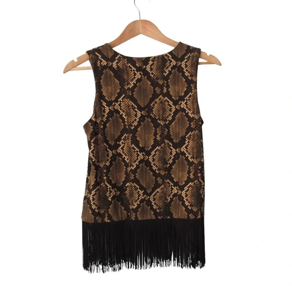 Michael Kors Tokara Snakeskin Top Sleeveless Blouse Size Small Fringe Hem Brown - Picture 2 of 8